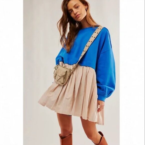 Free People Women Blue Combo Eleanor Sweatshirt Tunic Dress Size L NWOT 128$ - Picture 1 of 8